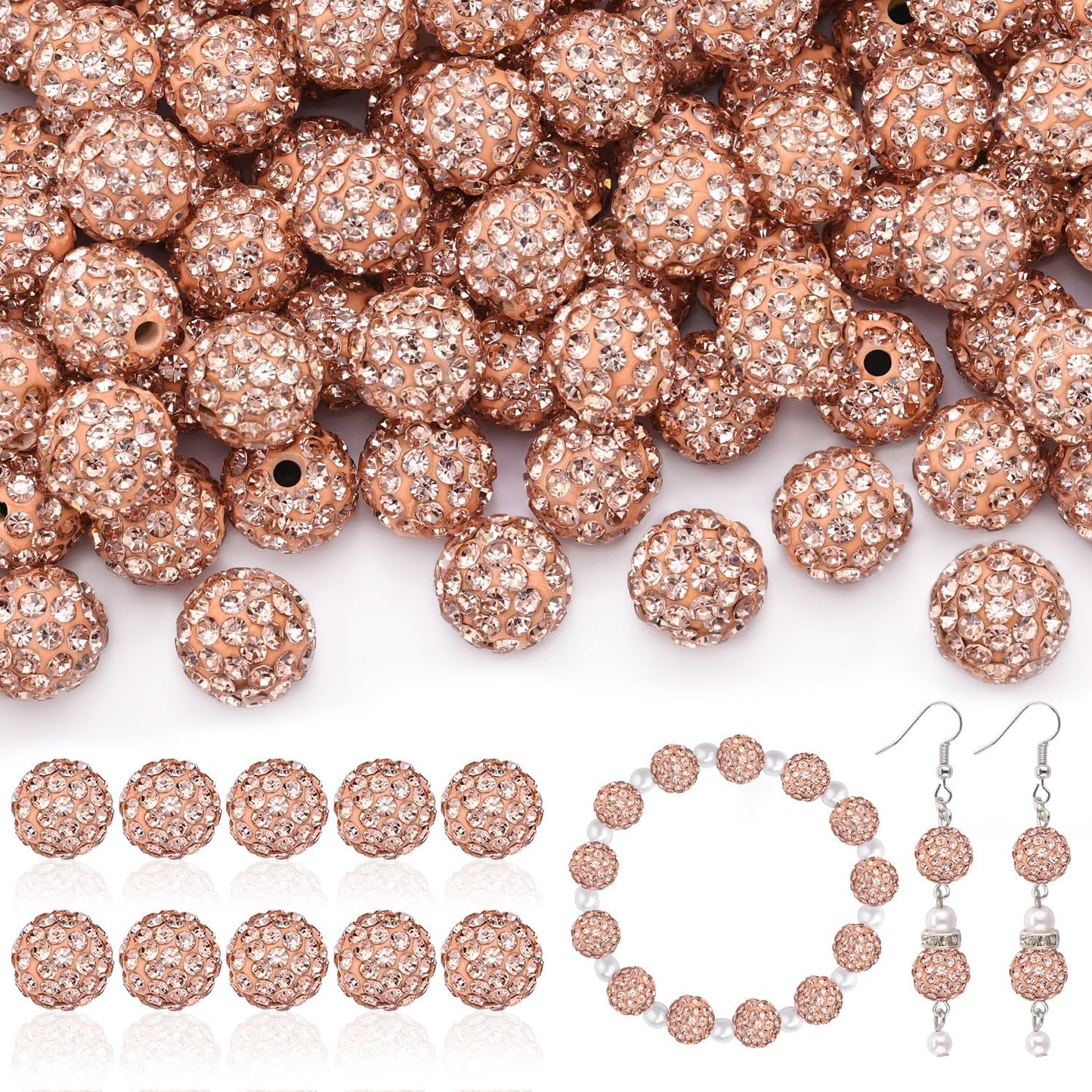 105pcs 10mm Rhinestone Beads for Jewelry Making, Light Peach Shiny Round Disco Ball Beads Bulk, Sparkle Crystal Clay Christmas for Bracelet Baseball Necklace Earring Crafting and DIY
