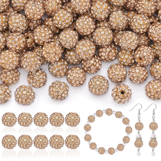 105pcs 10mm Rhinestone Beads for Jewelry Making, Light Brown Shiny Round Disco Ball Beads Bulk, Sparkle Crystal Clay Christmas for Bracelet Baseball Necklace Earring Crafting and DIY