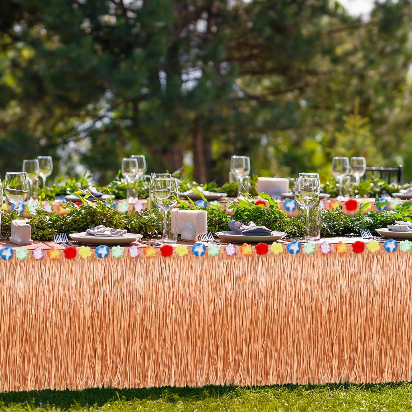 8PCS Hawaiian Table Skirt, Luau Themed Grass Table Skirt Party Supplies, Indoor Outdoor 108 X 29.5" Flower Tropical Hula Dance Parties Supplies Bulk, Table Skirt for Summer Beach Themed Party