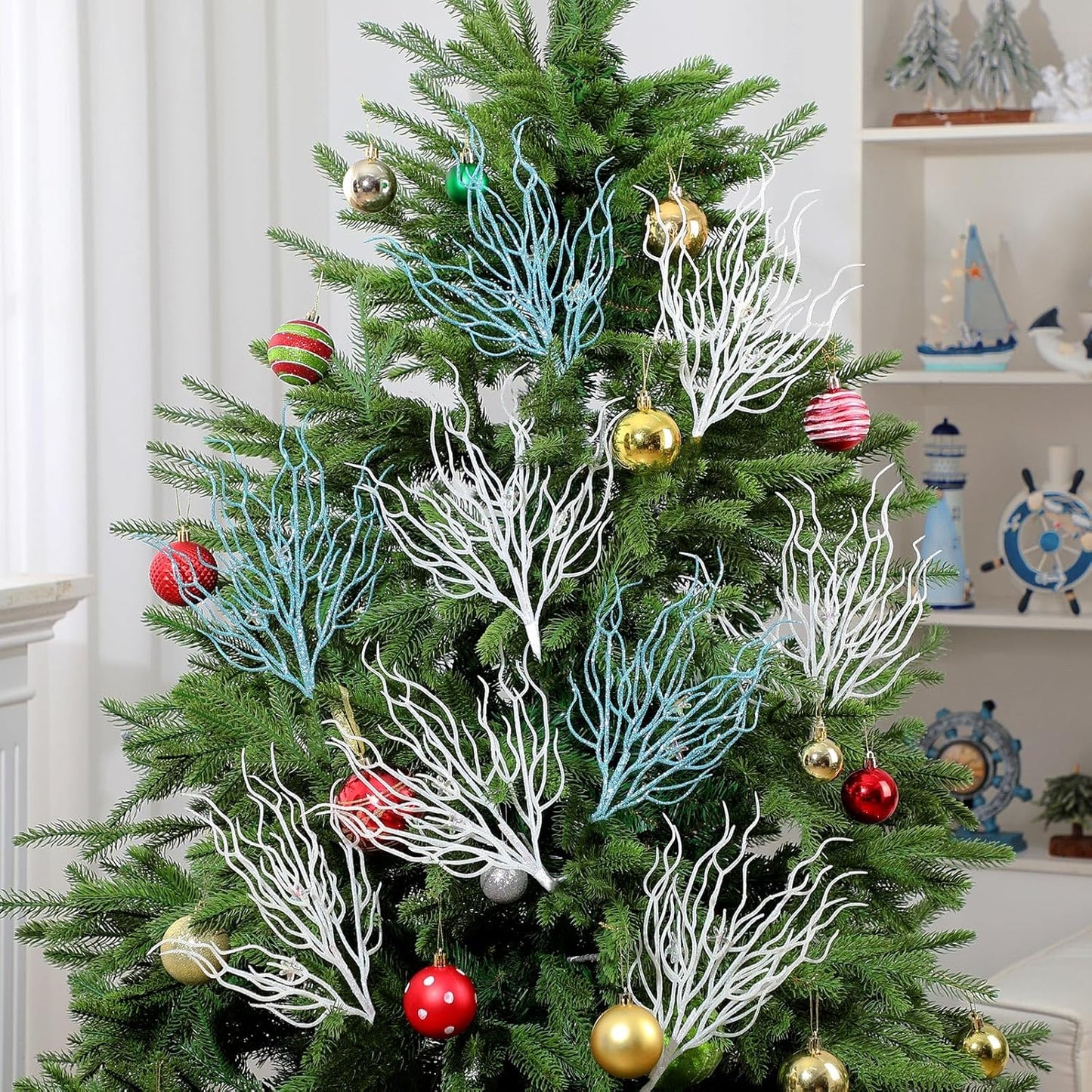 8 Pcs Blue White Coastal Ornaments for Christmas Tree 15.7inch Glitter Coral Beach Ocean Spray Pick Branch Christmas Tree Topper Decorations Filler Twigs for Xmas Vase Wreaths Gift