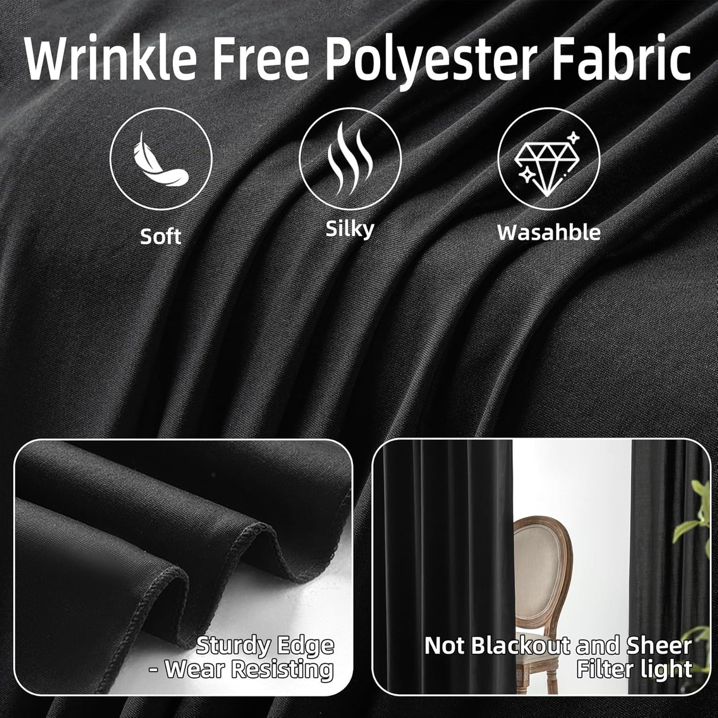 10ft×9ft Black Backdrop Curtain, Wrinkle Free Thick Polyester Drapes for Backdrop, 2 Panels 5ft x 9ft Photo Backdrop Curtains for Parties Birthday Wedding Graduation Photography Background Cloth