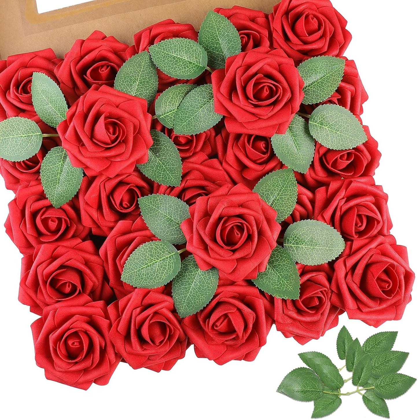 AmyHomie Artificial Flowers Red Rose 50pcs Real Looking Fake Roses w/Stem for DIY Wedding Bouquets Centerpieces Arrangements Party Baby Shower Home Decorations