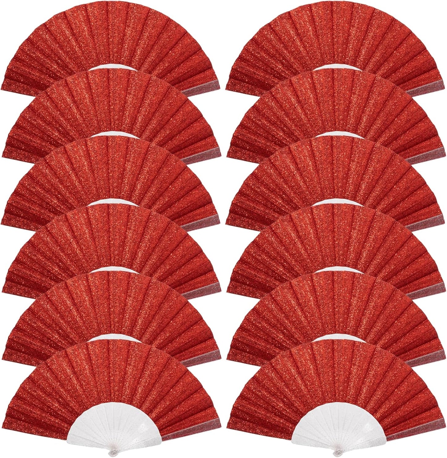 12 Pack Handheld Fan,Folding Hand Glitter Fan with Shining Transparent Fan Rib – Ideal for Wedding, Church, Festival, Dance, Tea Party, Club, and EDM Accessories, Red