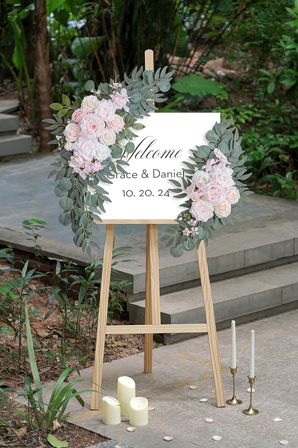 Pink Wedding Arch Flowers Set of 2 for Wedding Welcome Signs, Artificial Wedding Flowers for Wedding Ceremony Outside(Pink & Ivory)