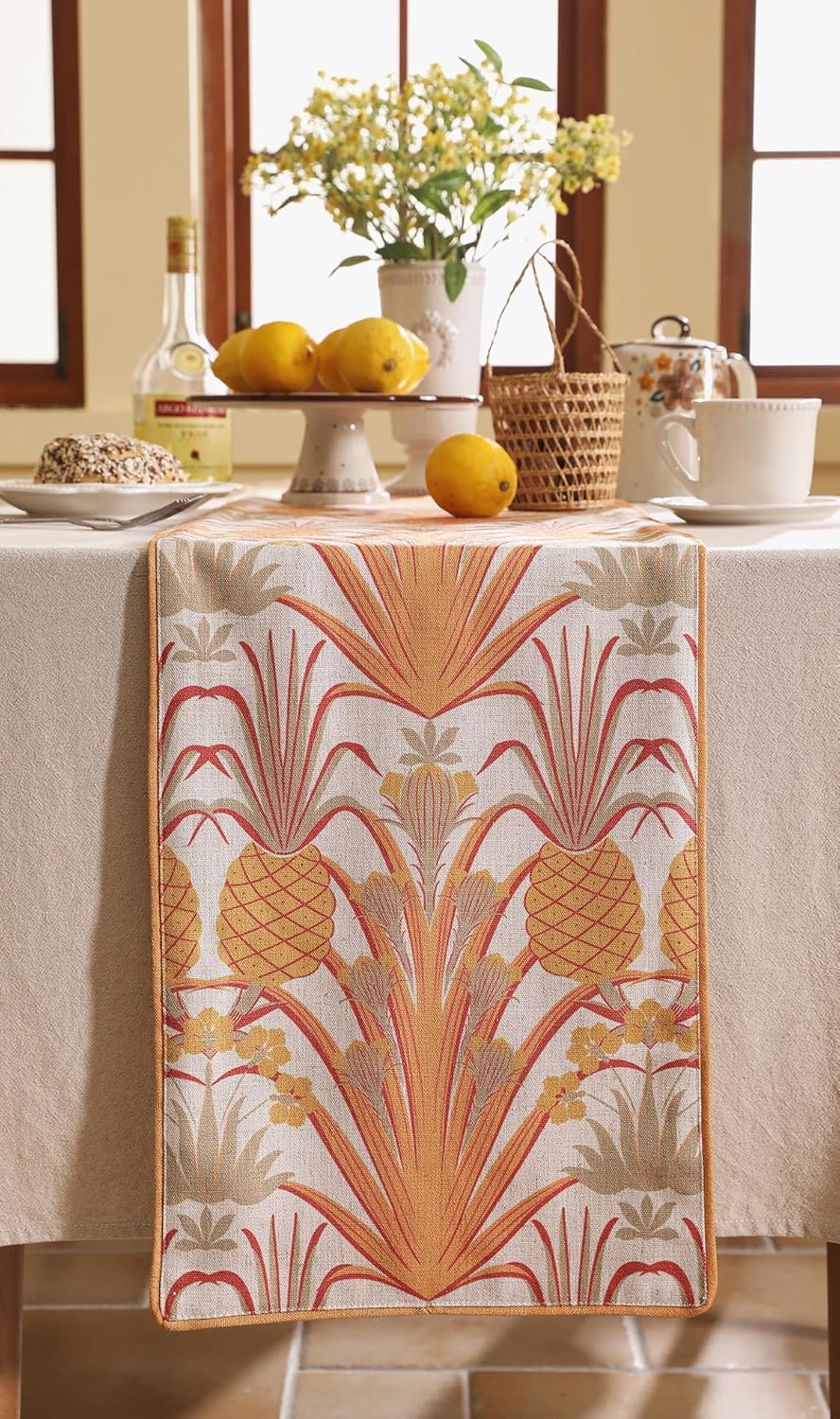 patdrea Designer Tropical Linen Table Runner 102 Inch Long, Yellow Vintage Elegant with Pineapple Pattern Table Mat,Decoration for Kitchen Dining Coffee Table Cover Banquet Christmas , 12"*102"