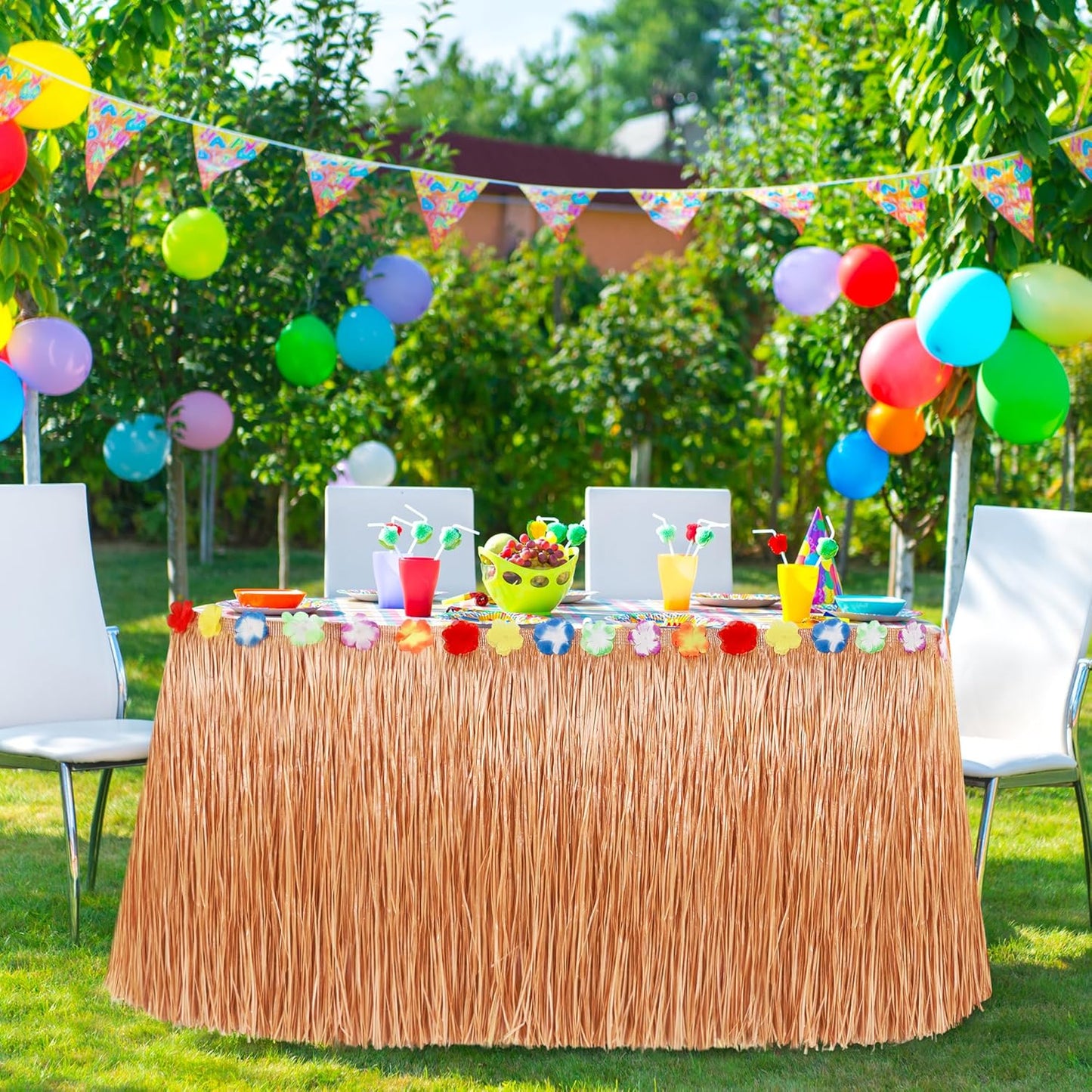 8PCS Hawaiian Table Skirt, Luau Themed Grass Table Skirt Party Supplies, Indoor Outdoor 108 X 29.5" Flower Tropical Hula Dance Parties Supplies Bulk, Table Skirt for Summer Beach Themed Party