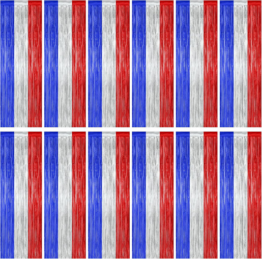 12 Pack 4th of July Decorations, 3.28 FT x 7.05 FT Patriotic Tinsel Backdrop, Metallic Blue Silver Red Fringe Curtains Party Streamer Foil Backdrop, Independence Day Party Supplies Patriotic Decor