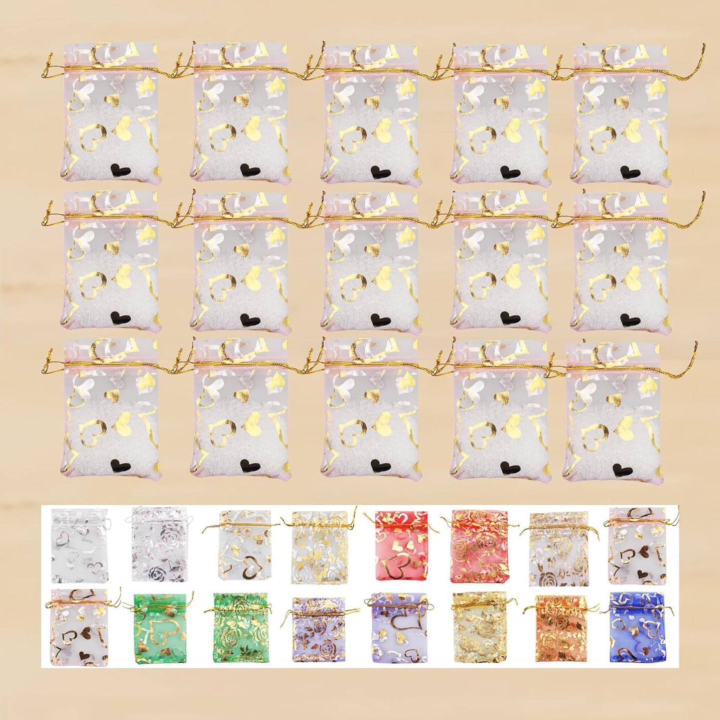 100 Pack 2.8 x 3.5 Inch Flower Heart Organza Jewelry Gift Pouch Candy Pouch Drawstring Wedding Favor Bags B511S (pink gold heart)