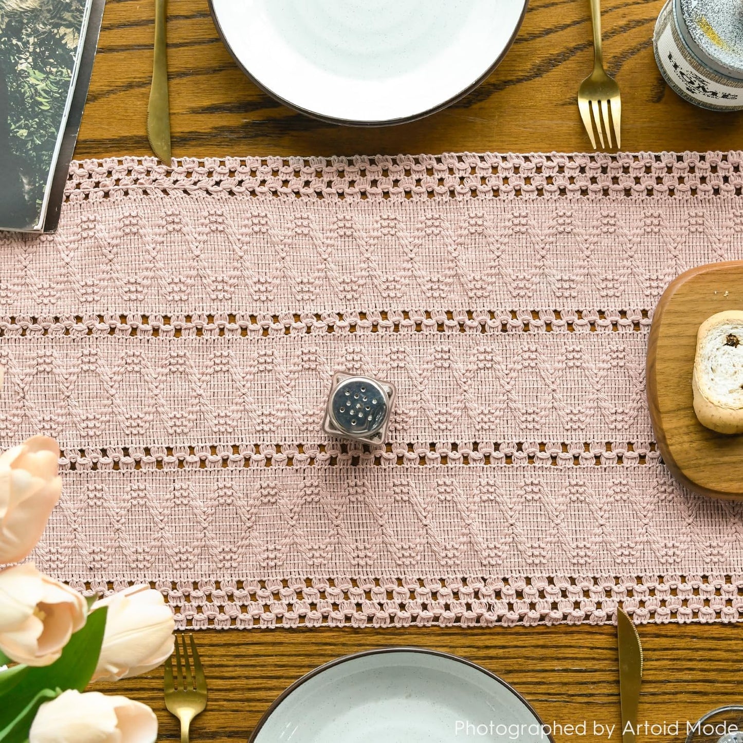 Artoid Mode Pink Farmhouse Woven Rustic Hollow Table Runner, Seasonal Holiday Hollow Kitchen Dining Table Decoration for Home Party Decor 12x90 Inch