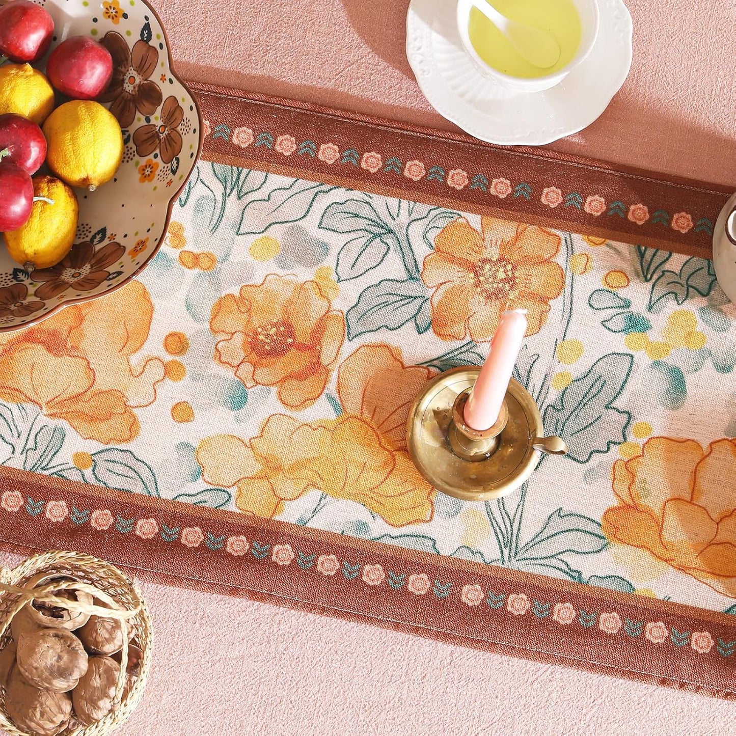 Designer Vintage Orange Floral Table Runner,French Soft Linen Farmhouse Table Runners 71 Inches Long,Decor Tabletop for Kitchen,Dining,Tea Party,Home,Christmas,12"*71"