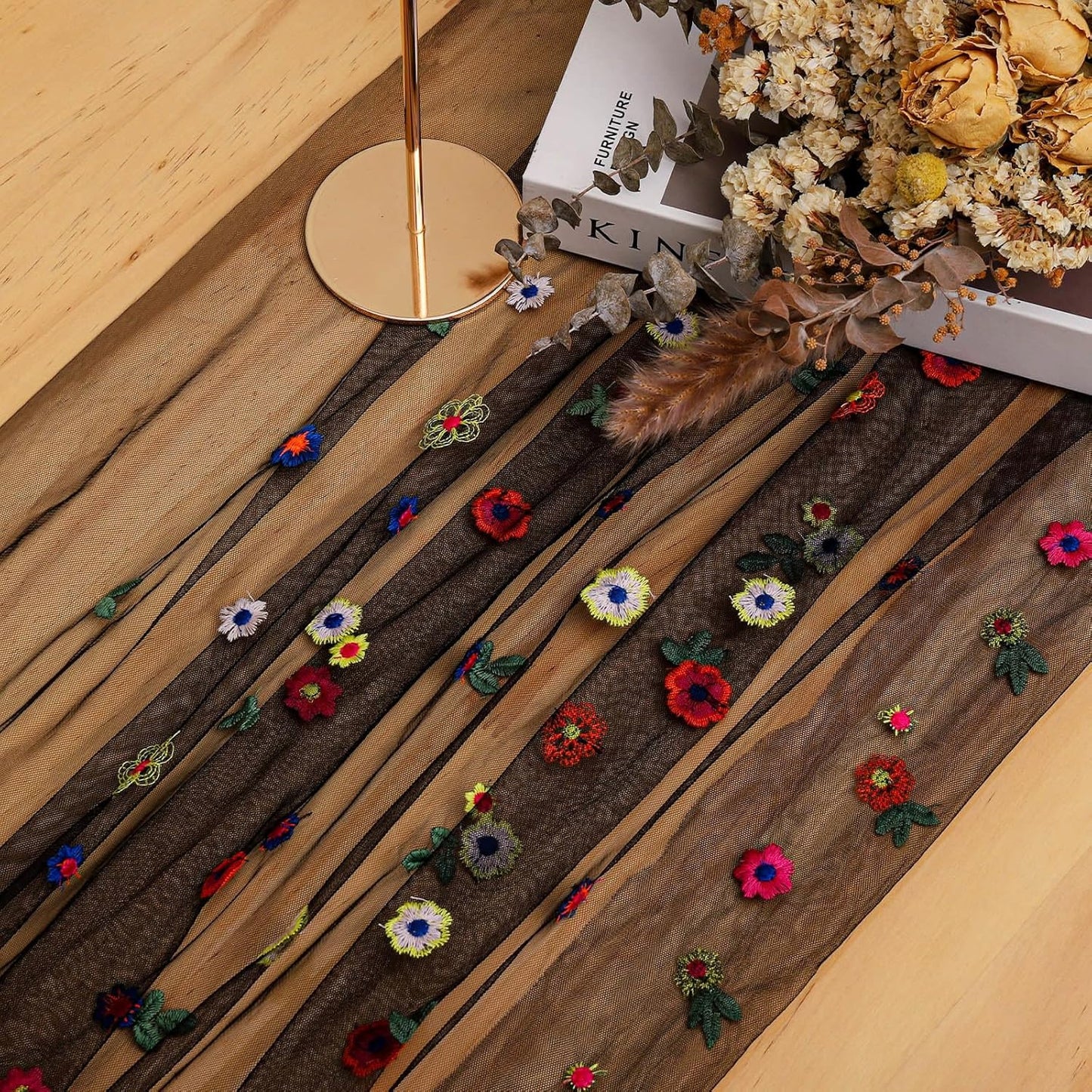 BINBE 12pcs Daisy Fall Table Runner Embroidery Gauze 10FT Florals Seasonal Tulle Holiday Birthday Kitchen Dining Table Decor for Home Party Black