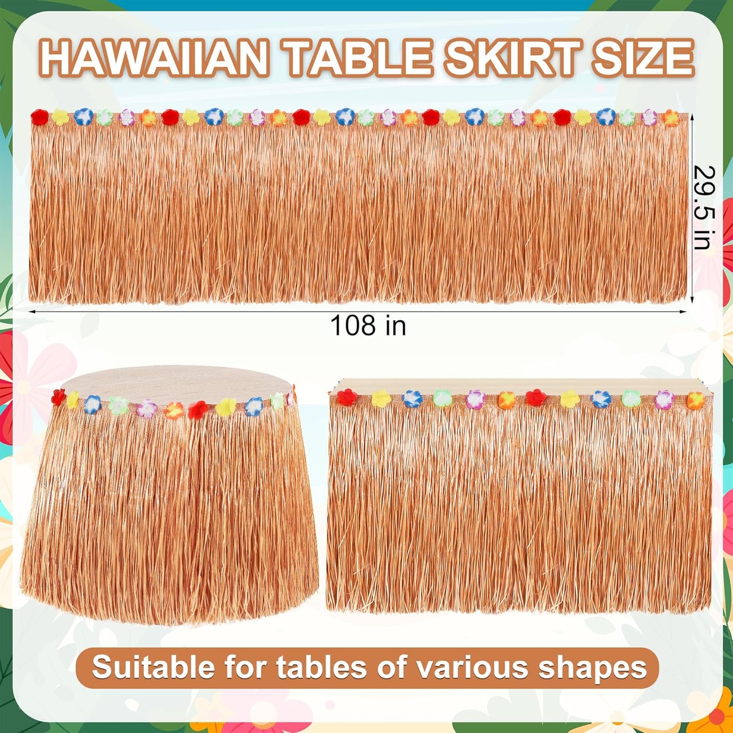 Hawaiian Themed Party Decorations, 2PCS Luau Party Table Skirt Decorations, 108 X 29.5" Table Skirt Flower Tropical Hula Dance Parties Supplies, Grass Table Skirt for Summer Beach Themed Party