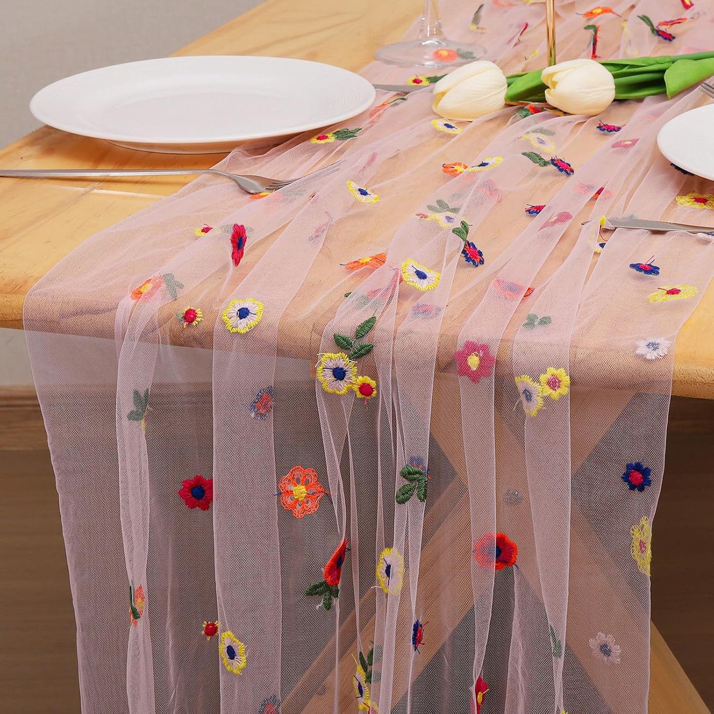 BINBE 12pcs Daisy Fall Table Runner Embroidery Gauze 10FT Florals Seasonal Tulle Holiday Birthday Kitchen Dining Table Decor for Home Party Pink