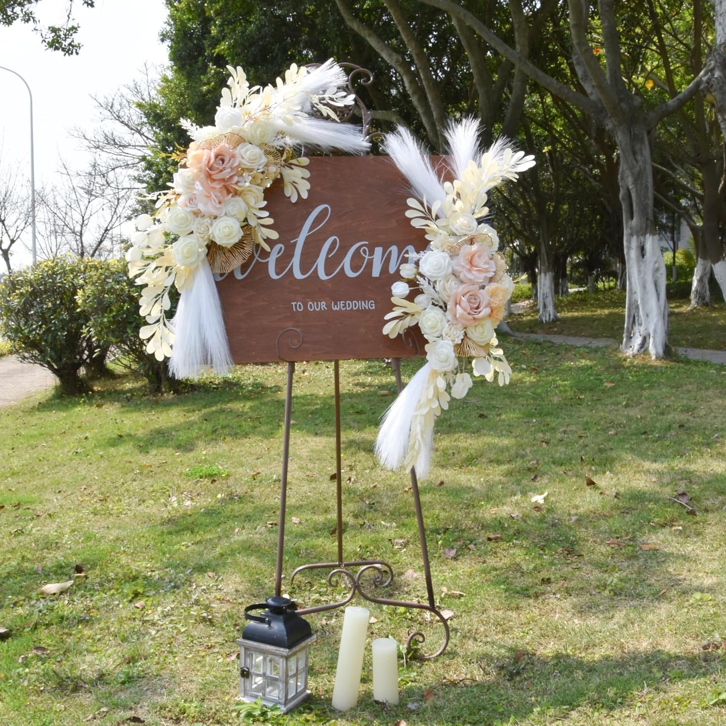 Wedding Arch Flower Kit of 2 - Artificial Flower Swag Wedding Welcome Sign Decorative Floral Swags for Wedding Reception Ceremony Signs Wedding Chair Ceremony Floral Decor (Beige)