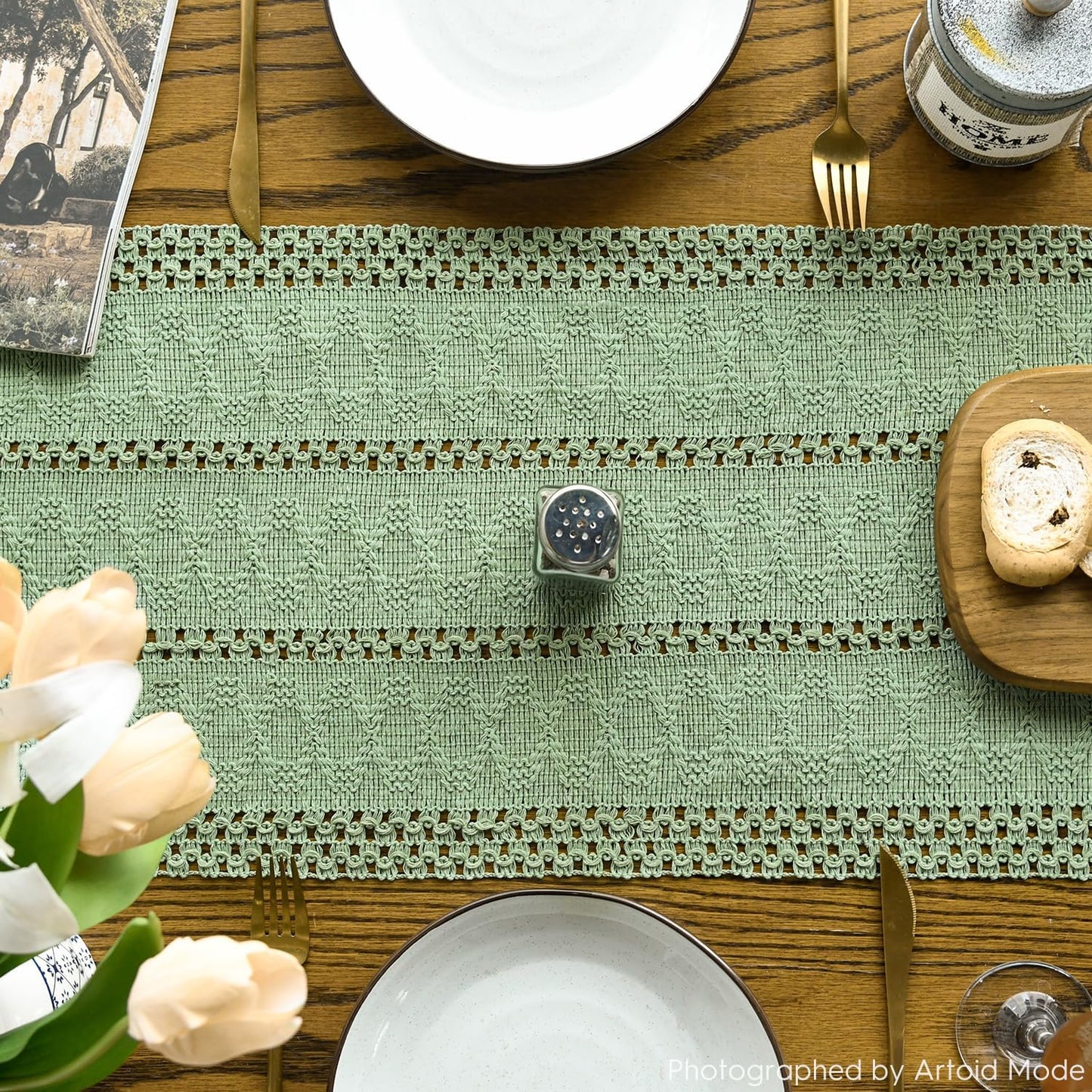 Artoid Mode Light Green Farmhouse Woven Rustic Hollow Table Runner, Seasonal Holiday Hollow Kitchen Dining Table Decoration for Home Party Decor 12x108 Inch