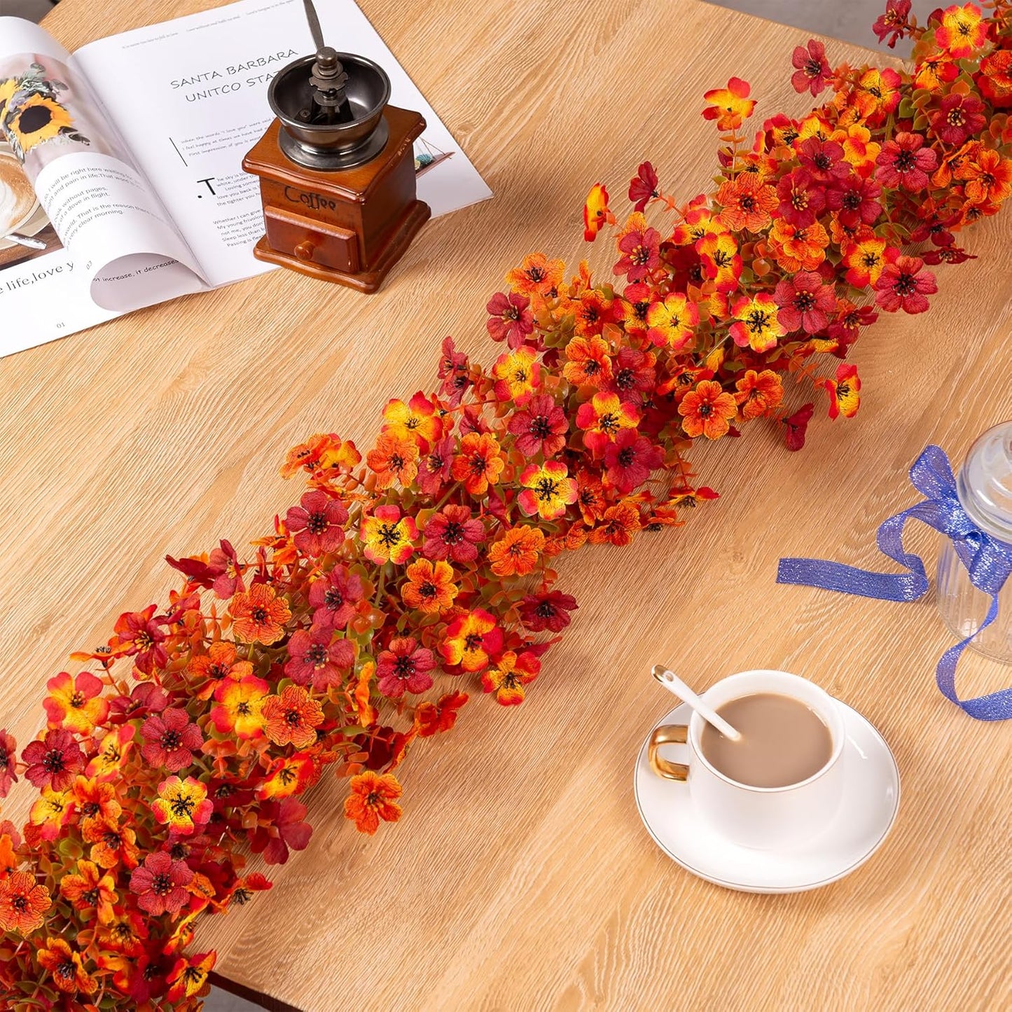 Fall Mums Flowers Artificial Garland for Decoration, 4 Pack 5.9 FT Faux Mums with Eucalyptus Leaves Ivy, UV Resistant Fake Fall Daisy Floral Vine Flowers for Home Garden Wedding Backdrop Decor