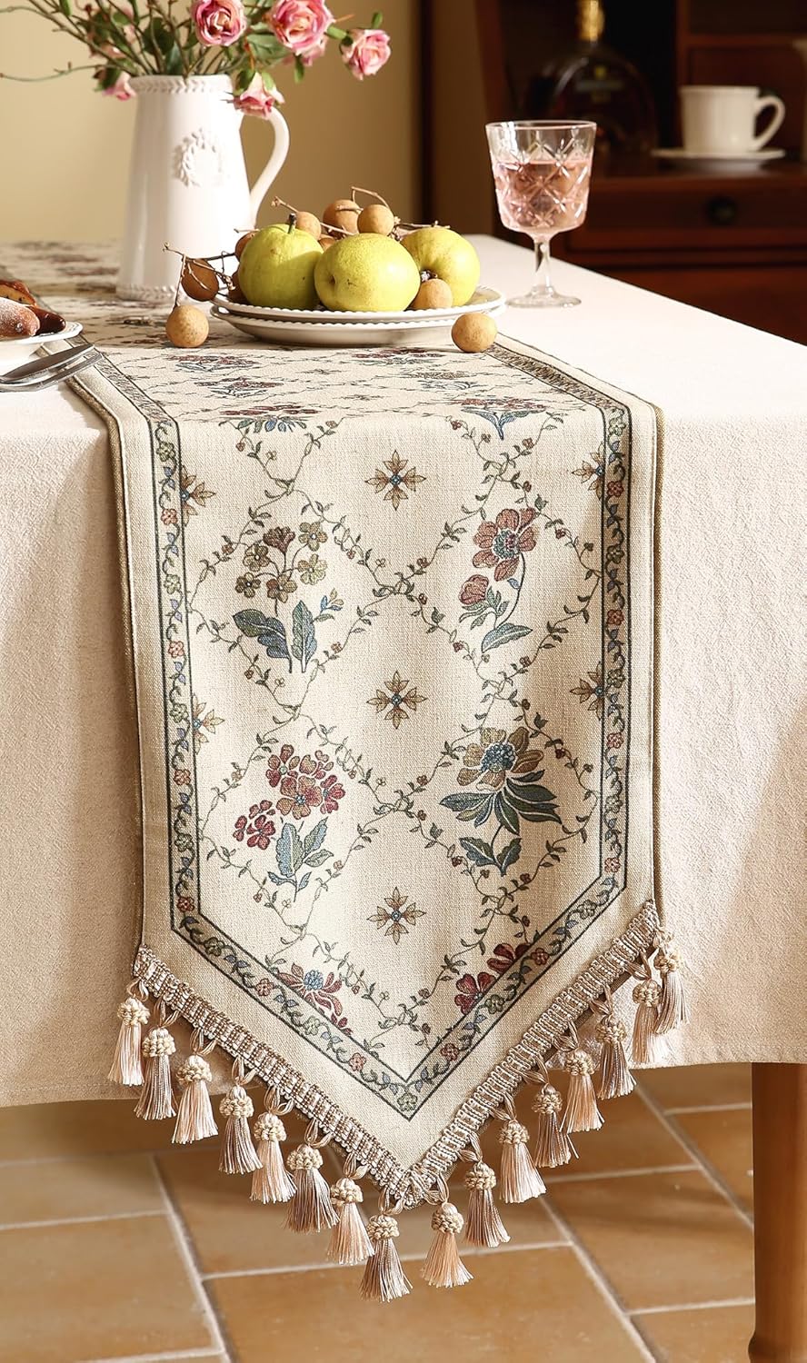 patdrea Designer Vintage Floral Linen Table Runner 87 Inch Long, Beige Cottage Rustic Bouquets Pattern Table Mat,Decor for Kitchen Dining Coffee Table Shelf Cabinet Banquet Christmas ,12"*87"