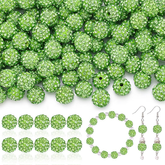 105pcs 10mm Rhinestone Beads for Jewelry Making, Light Green Shiny Round Disco Ball Beads Bulk, Sparkle Crystal Clay Christmas for Bracelet Baseball Necklace Earring Crafting and DIY