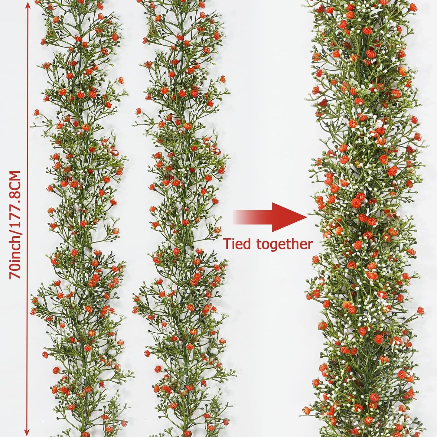 2 Pcs 5.8ft Artificial Baby Breath Flower Vines, Babys Breath Artificial Flowers Real Touch Faux Gypsophila Hanging Fake Baby's Breath Garlands for Wedding and Baby Shower Decor(Red-Orange