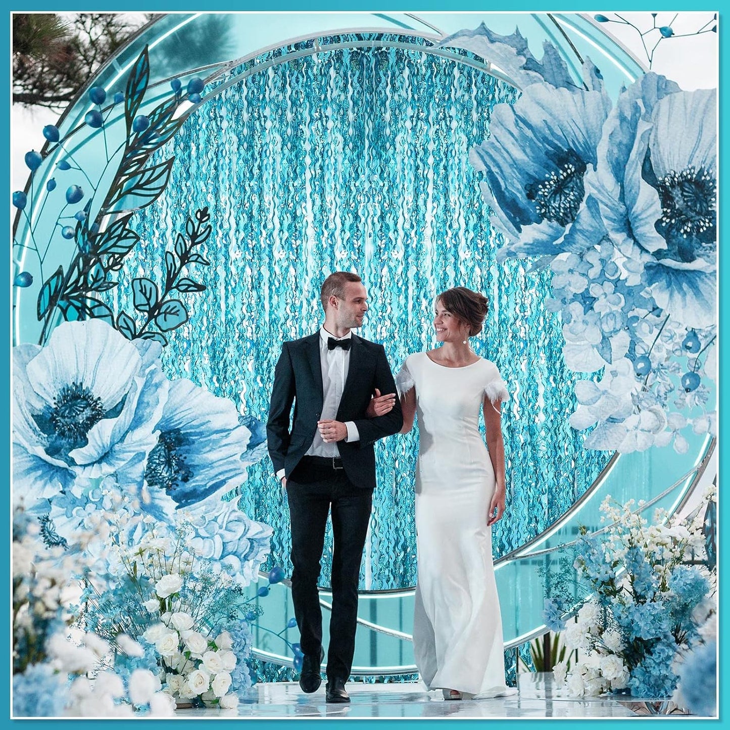 10 Pieces 3.3 x 6.6 Ft Foil Fringe Backdrop Party Wavy Tinsel Fringe Curtain Streamer for Happy New Year Carnival Party Favor 80s 90s Disco Ocean Sea Mermaid Birthday Wedding(Blue Green)