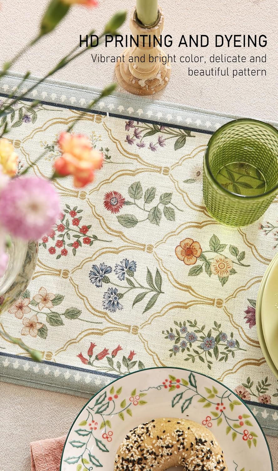 ISAENNE Designer Vintage Elegant Linen Table Runner 118 Inches Extra Long,Colorful Wildflower Pattern Runner,Decor Table Runners for Dining Tables,Thanksgiving,Christmas,12"*118"-Serenity B