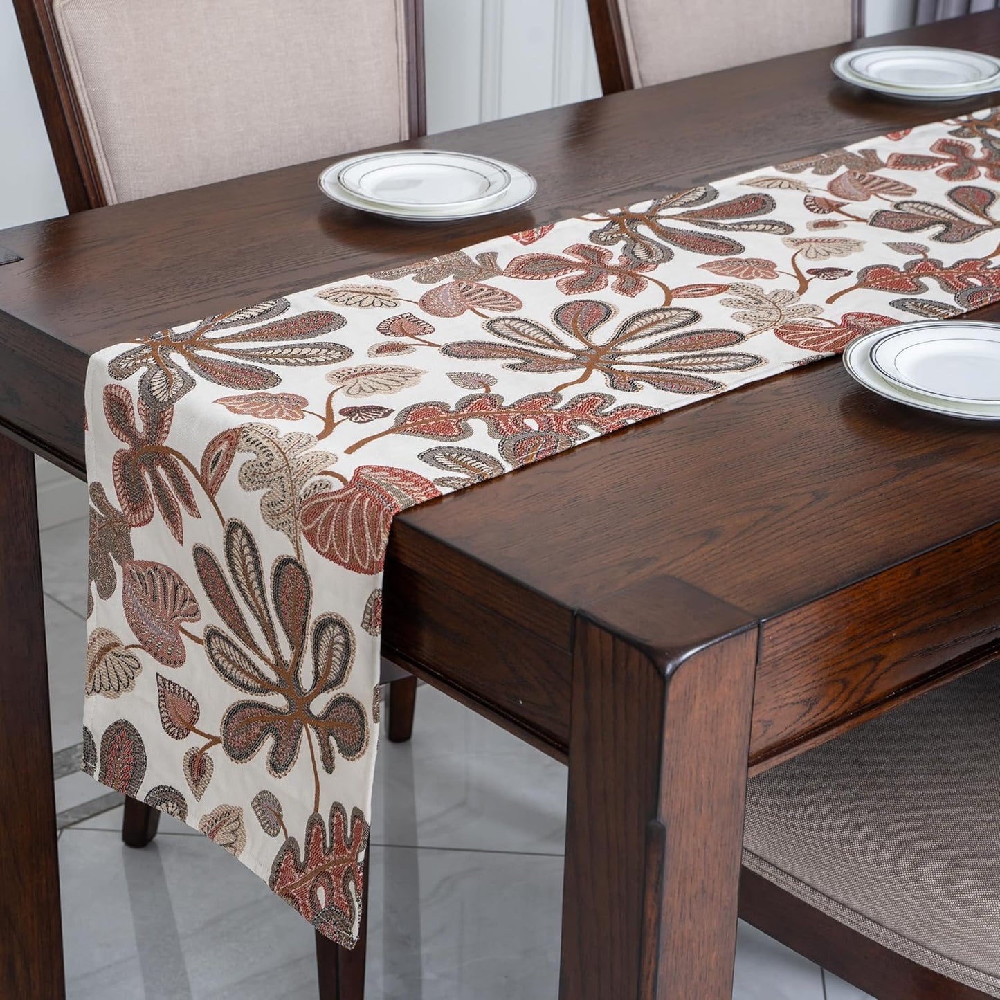 Mika Home Tropical Leaf Table Runner for Home Decor 13X90 Inches Coral Brown Seasonal Dining Table Decoration for Home