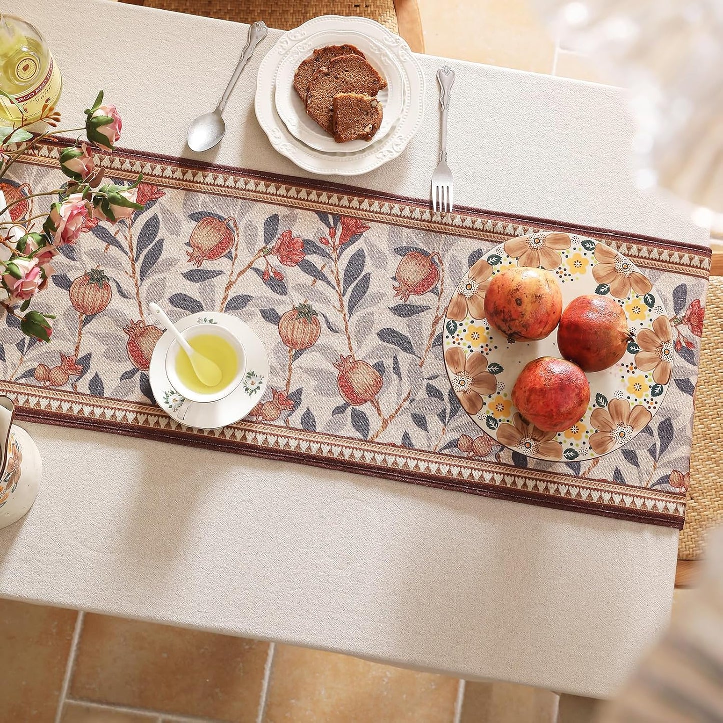 patdrea Designer Vintage SaddleBrown Extra Long Linen Table Runner 118 Inch Long,Pomegranates Pattern Table Mat, Decor for Kitchen Dining Coffee Table Shelf Cabinet Banquet Christmas ,12"*118"