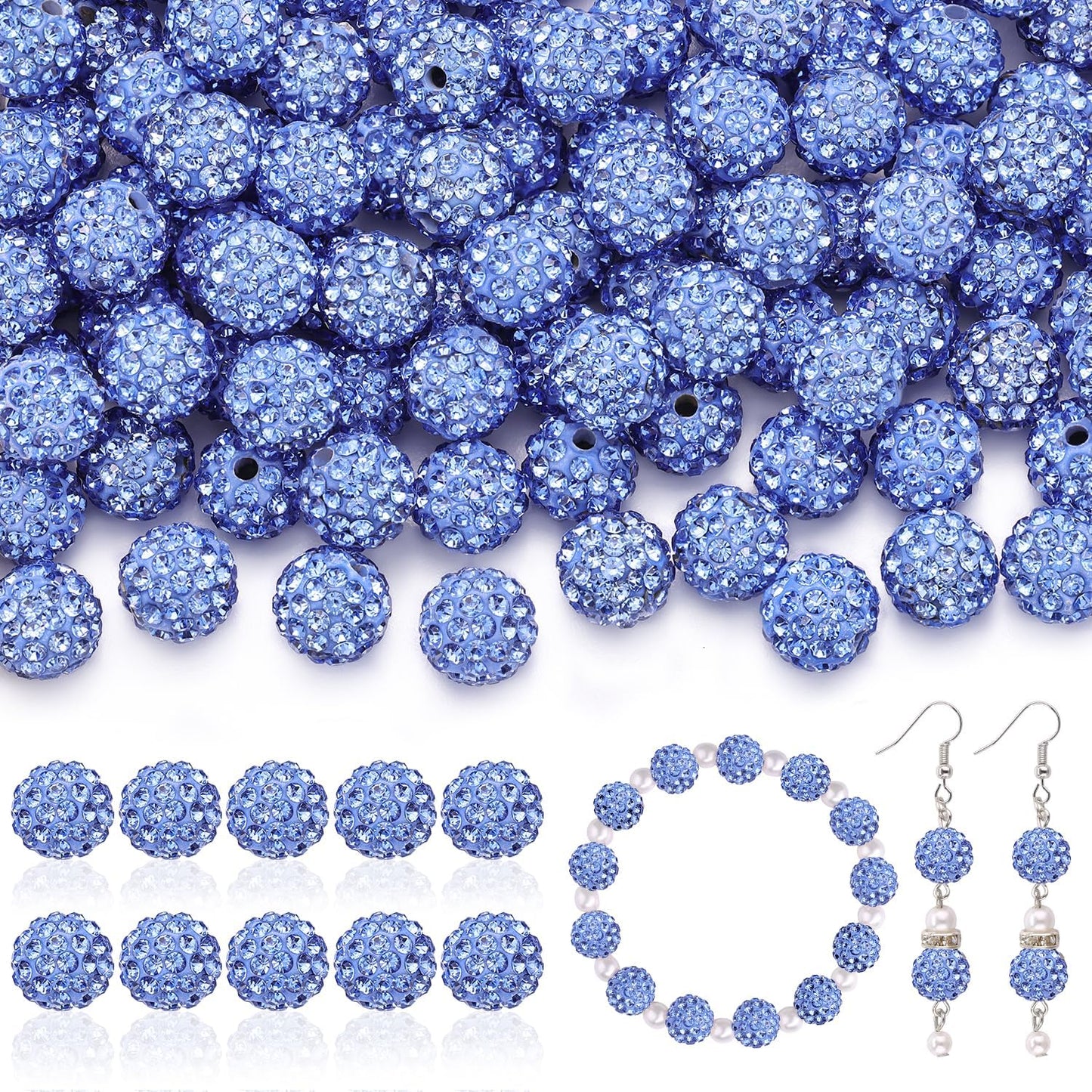 160pcs 10mm Rhinestone Beads for Jewelry Making, Light Blue Shiny Round Disco Ball Beads Bulk, Sparkle Crystal Clay Christmas for Bracelet Baseball Necklace Earring Crafting and DIY