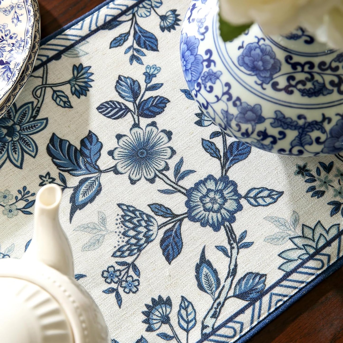 Decorative Linen Table Runner 71 Inches Long,Chinoiserie Blue Floral Cloth Runner for Table Decor Tabletop Table Runners for Kitchen,Dining,Tea Party,Home,Christmas,12"*71"