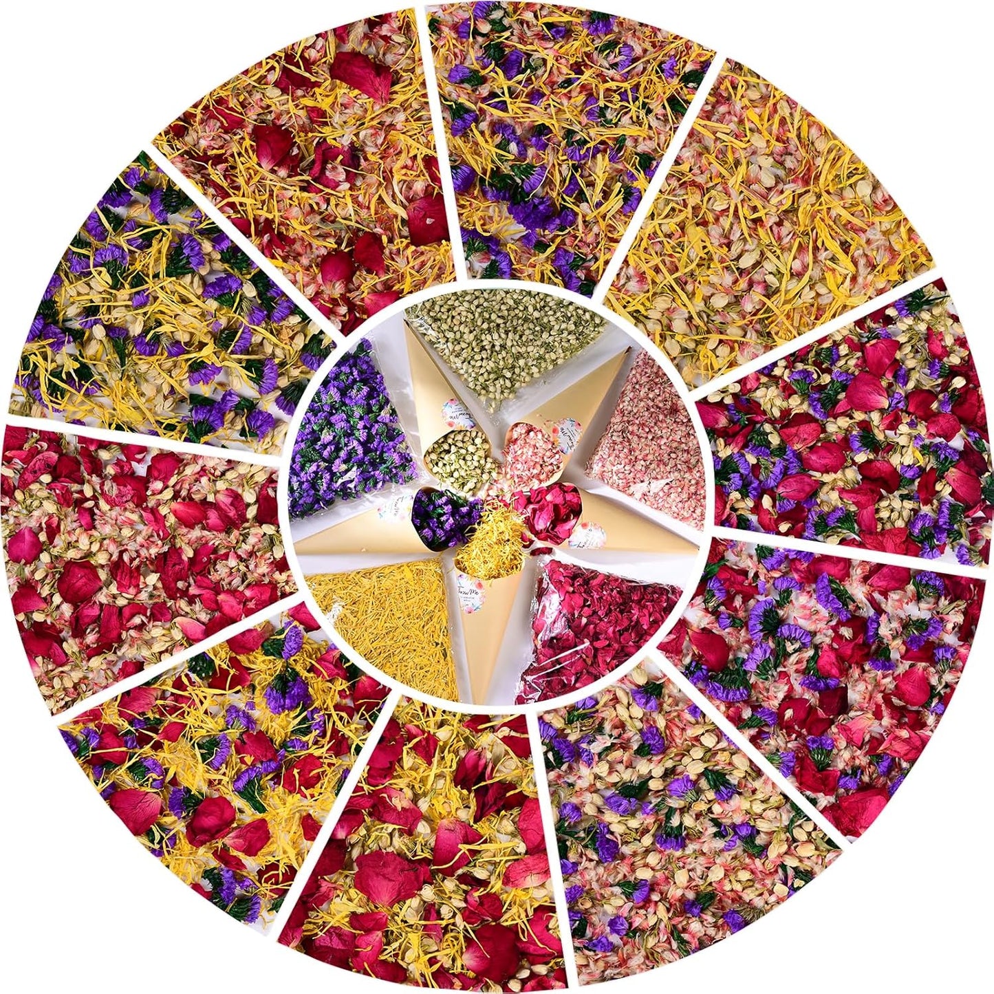 40+ Cups 9.3oz Real Biodegradable Flower Petal Wedding Confetti, 5 QT 5 Kinds Colorful Mixed Petal Confetti with Dried Rose Petal & Jasmine Buds, DIY Wedding Decor for Flower Girl Bridal