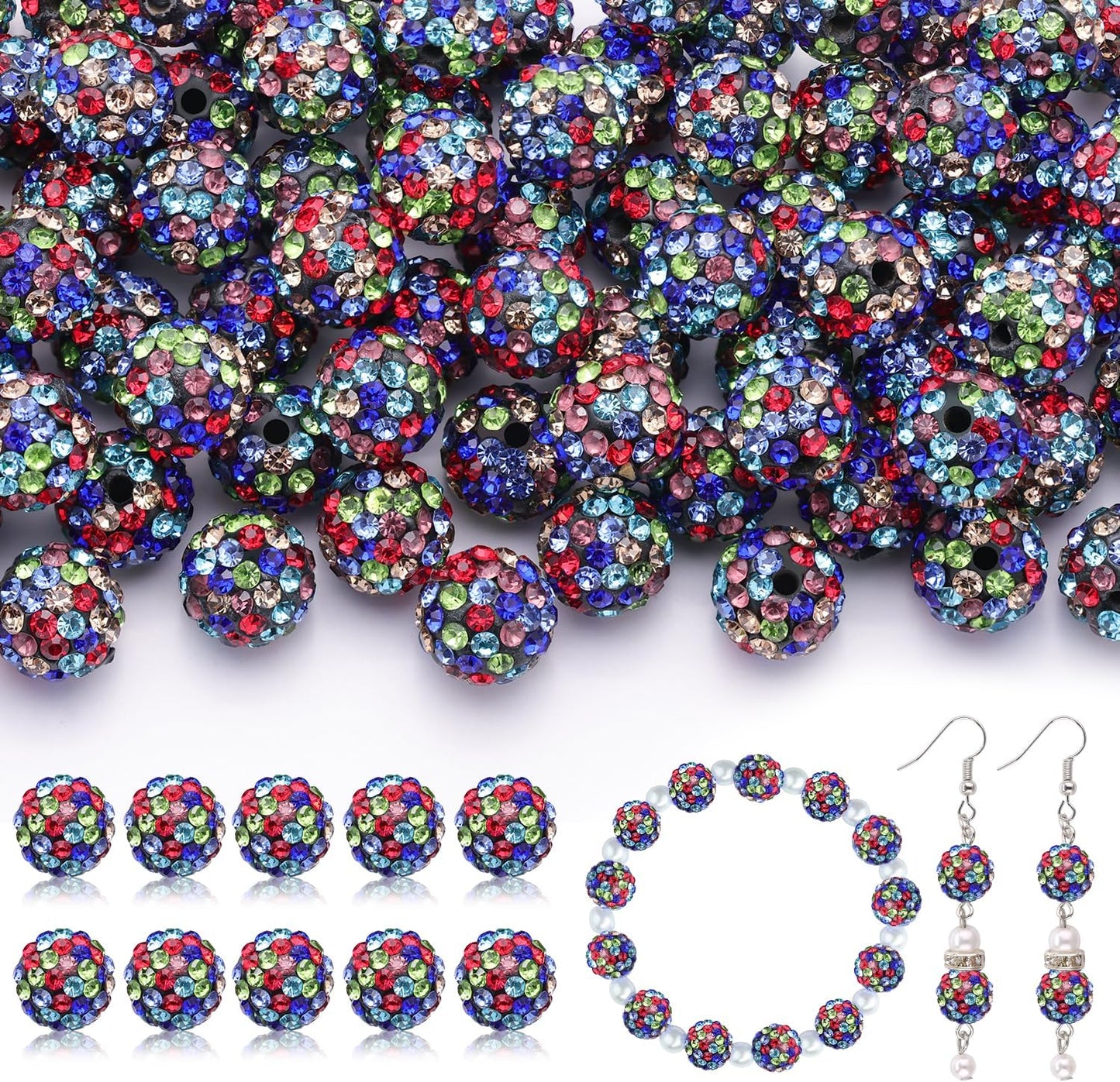 160pcs 10mm Rhinestone Beads for Jewelry Making, Black Mixed Shiny Round Disco Ball Beads Bulk, Sparkle Crystal Clay Christmas for Bracelet Baseball Necklace Earring Crafting and DIY