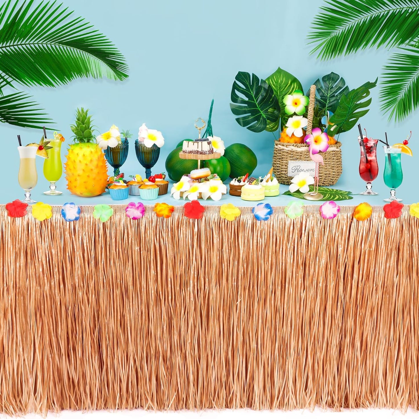 8PCS Hawaiian Table Skirt, Luau Themed Grass Table Skirt Party Supplies, Indoor Outdoor 108 X 29.5" Flower Tropical Hula Dance Parties Supplies Bulk, Table Skirt for Summer Beach Themed Party