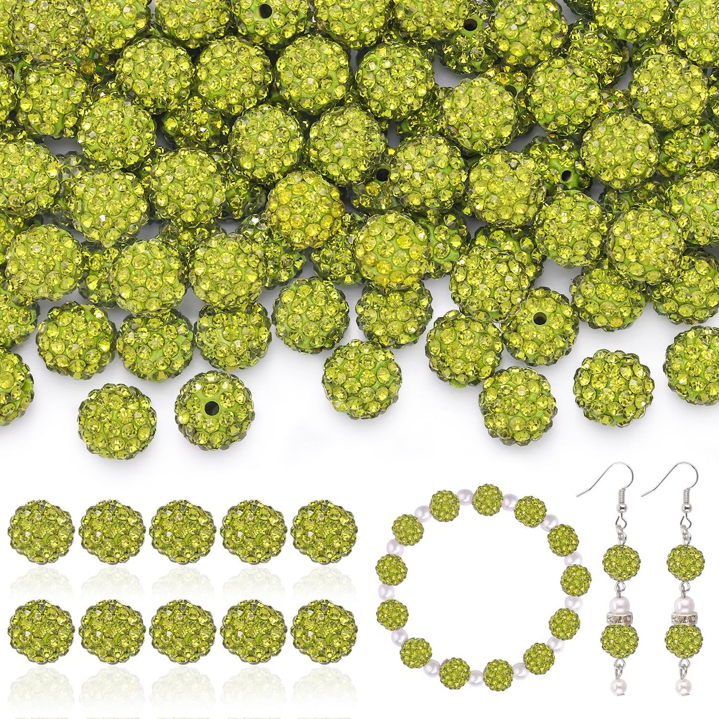 160pcs 10mm Rhinestone Beads for Jewelry Making, Olivine Shiny Round Disco Ball Beads Bulk, Sparkle Crystal Clay Christmas for Bracelet Baseball Necklace Earring Crafting and DIY