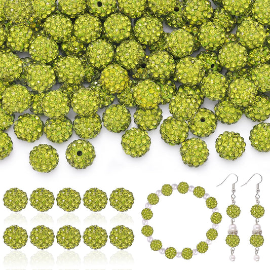 105pcs 10mm Rhinestone Beads for Jewelry Making, Olivine Shiny Round Disco Ball Beads Bulk, Sparkle Crystal Clay Christmas for Bracelet Baseball Necklace Earring Crafting and DIY