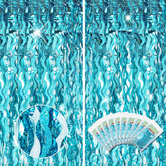 10 Pieces 3.3 x 6.6 Ft Foil Fringe Backdrop Party Wavy Tinsel Fringe Curtain Streamer for Happy New Year Carnival Party Favor 80s 90s Disco Ocean Sea Mermaid Birthday Wedding(Blue Green)