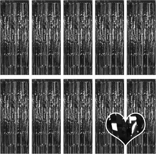 10 Pack Black Backdrop Curtain 3.2ft x 8.2ft Metallic Tinsel Foil Fringe Curtains Photo Booth Background for Birthday Party Decoration Baby Shower Engagement Wedding Christmas Decoration (Black)