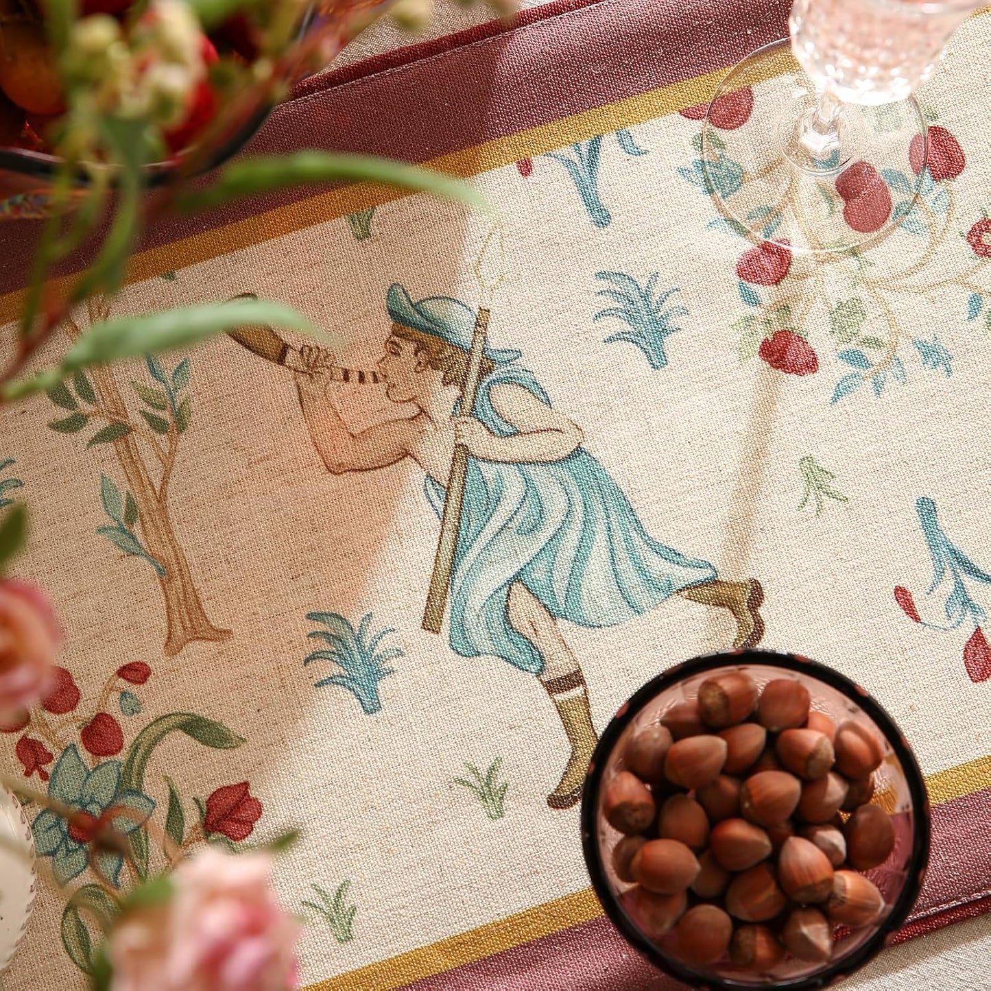 patdrea Designer Idyll Linen Extra Long Table Runner,Vintage Beige Farmhouse with Ancient Figure and Fruit Trees Pattern Table Mat, Decoration for Kitchen Dining Banquet Christmas ,12"*102"