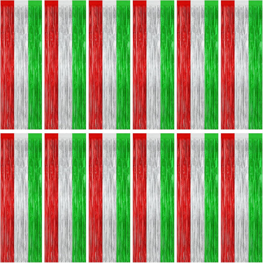 12 Pack Christmas Party Backdrop, 3.28 FT x 7.05 FT Red Silver Green Foil Streamer, Metallic Fringe Curtains Tinsel Streamer, Hanging Christmas Decorations Picture Props Door Decor