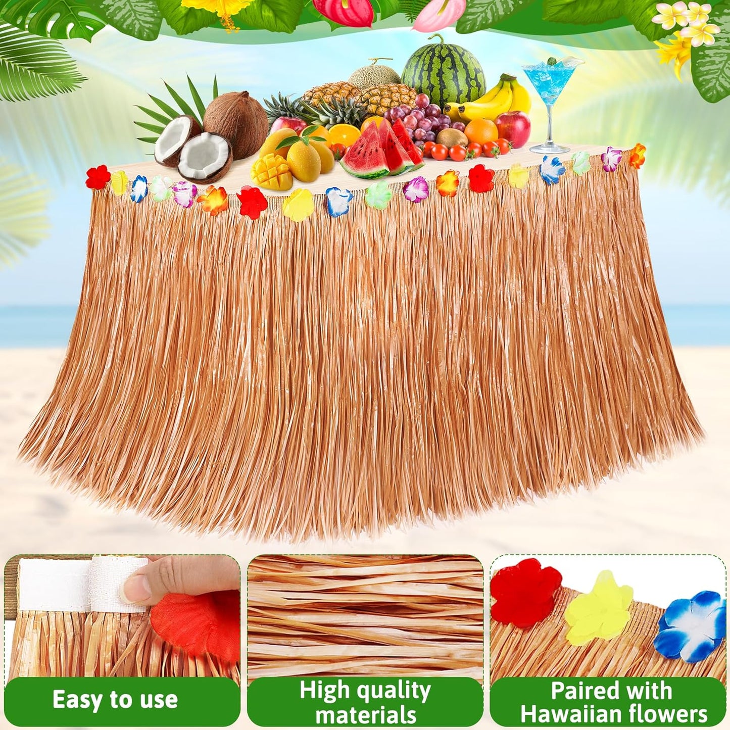4PCS Hawaiian Table Skirt Decor, Luau Themed Grass Table Skirt Party Decorations, 108 X 29.5" Flower Tropical Hula Dance Parties Supplies, Table Skirt Bulk for Summer Beach Themed Activities