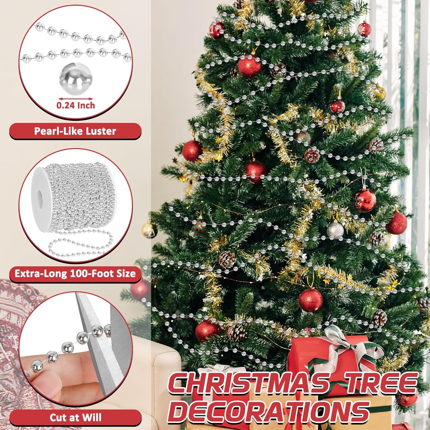 100 Feet Silver Christmas Tree Decor, Christmas Tree Garland Beads, Xmas Beads Chain Decorations Artificial Pearl Garland for DIY Xmas Fireplace Home Party Decor