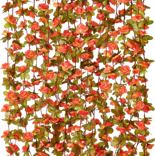 KHOYIME 5 Pack 40 FT Artificial Fall Flower Garland, Fake Orange Roses Vines Silk Flowers Faux Plastic Outdoor Hanging Floral Garland Autumn Decoration for Indoor Table Home Wall Backdrop Room Decor