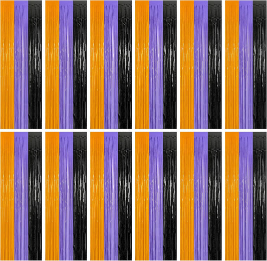 12 Pack Halloween Decor, 3.28 FT x 7.05 FT Orange Purple Black Fringe Curtains, Funny Wall Backdrop Photo Booth Backdrop Party Streamer, Halloween Foil Decorations Photo Booth Props