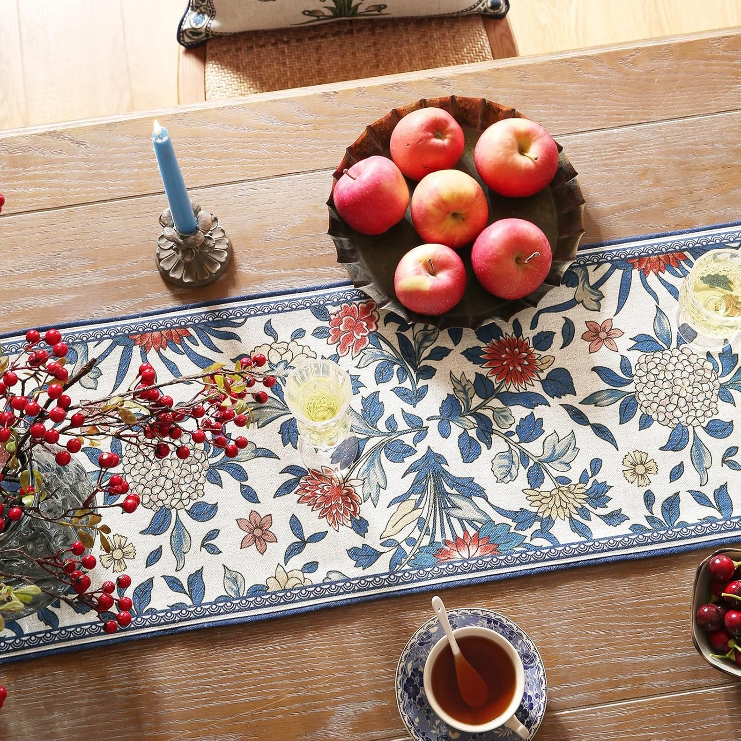 patdrea Designer Blue Cottage Rustic Floral Patterned Linen Table Runner 102 Inch Long,Wrinkle Resistant Table Mat,Decoration for Kitchen Dining and Coffee Tables Banquet Christmas ,12"x102"