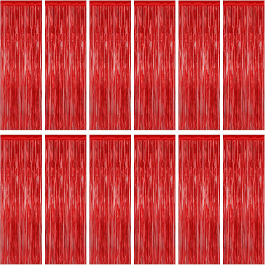 12 Pack Red Curtains, 3.28 FT x 7.05 FT Party Streamer, Metallic Party Backdrop Birthday Streamer Foil Curtains, Fringe Tinsel for Red Party Decor Casino Theme Decorations Party Supplies