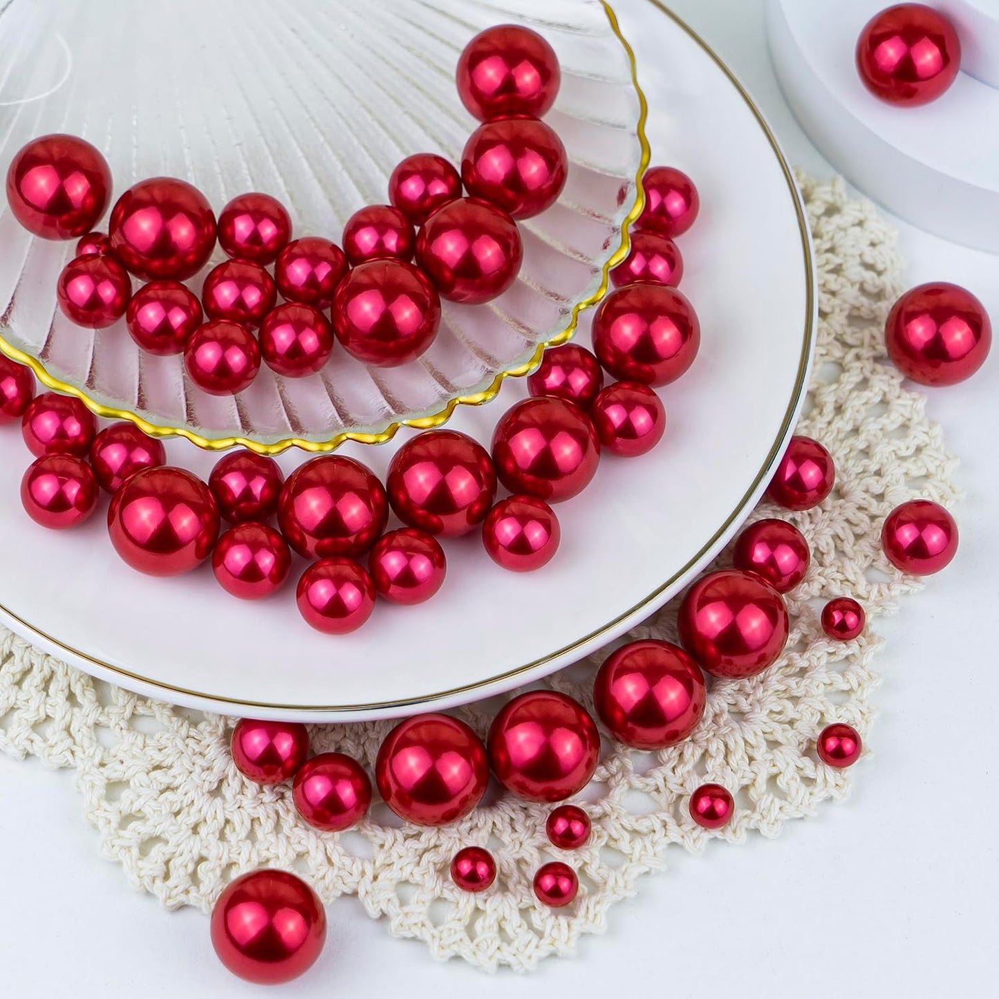 150Pcs Red Polished No Hole Faux Pearl Beads for Vase Filling Decorations, Plastic Pearls Vase Fillers, Table Scatters, Wedding Centerpiece, Home Decor, 8/14/20 mm