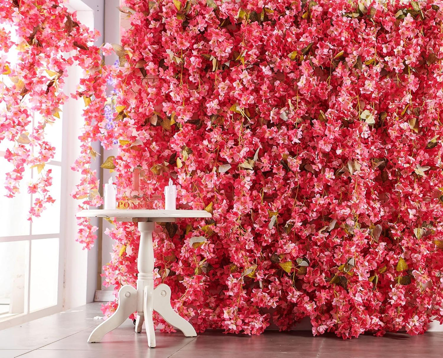 Flower Garland, Artificial Hydrangea Vine Flowers, Hanging Fake Hydrangeas Vine for Room Anniversary Wedding Birthday Christmas Wall Arch Decor, 2 Pcs, Floral Garland, Dark Pink Flower