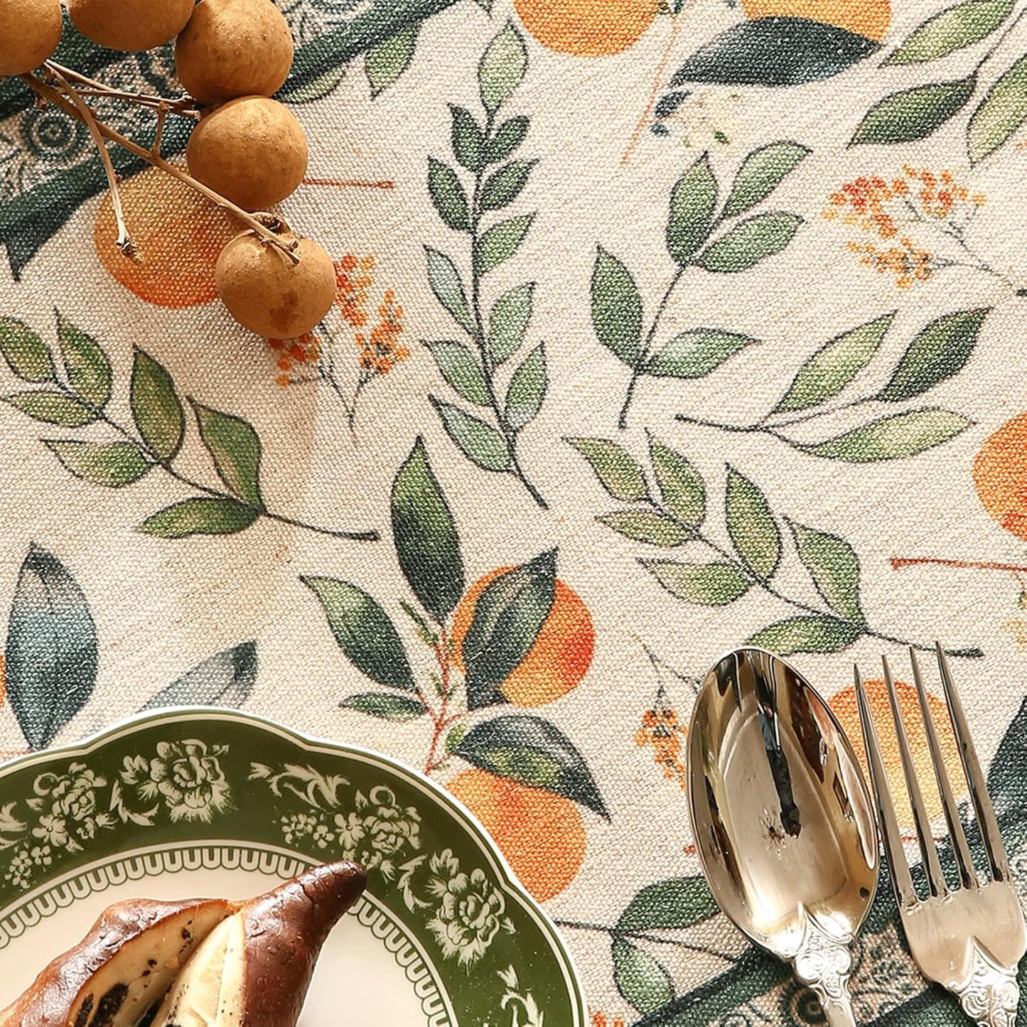 patdrea Designer Vintage Fresh Farmhouse Linen Table Runner 102 Inch Long, Green and Orange Pattern Table Mat, Decor for Kitchen Dining Table Coffee Table Shelf Cabinet Banquet Christmas ,12"*102"