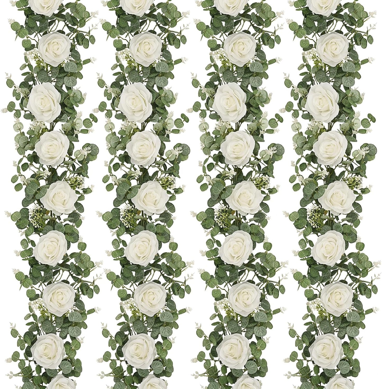 Dolicer 4Pcs 26Ft Artificial Eucalyptus Garlands with Flowers - 8 Roses, Faux Floral Greenery Garlands Fake Flowers Vines for Wedding Table Centerpieces Arch Party Ceremony Backdrop Decor (White)