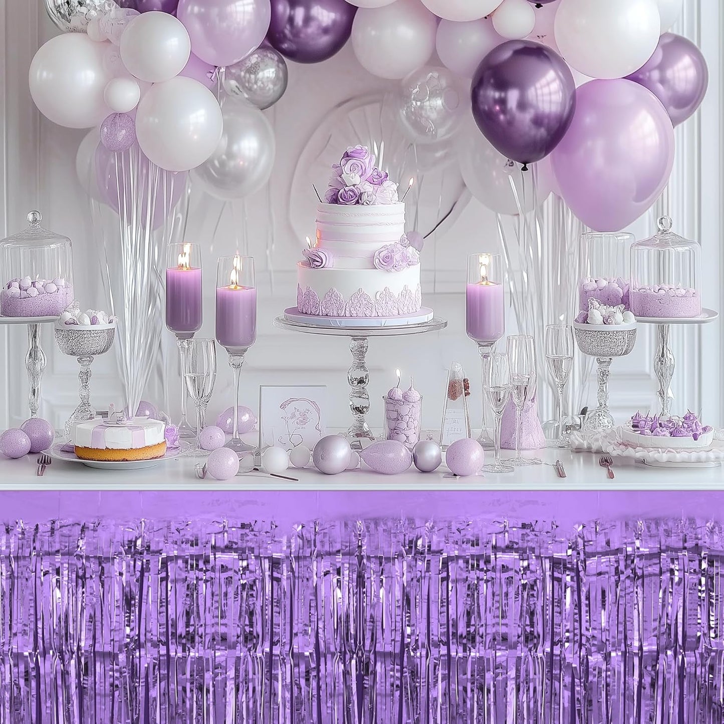 2 Pack Light Purple Dark Purple Table Skirts, 29x108" Metallic Foil Tinsel Fringe Table Skirt for Rectangle Tables Streamer Curtains Backdrop, Party Decorations for Birthdays, Weddings, Holidays