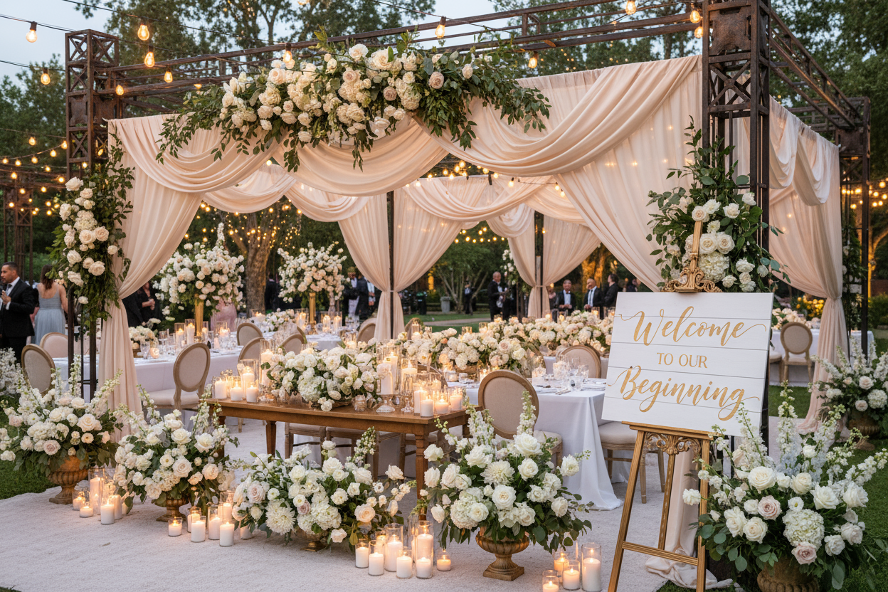Elegant arches, centerpieces, signage, and florals. (make it real photo)